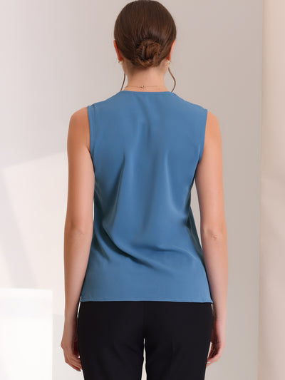 Elegant V Neck Pleated Solid Work Sleeveless Blouse