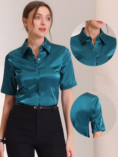 Casual Short Sleeve Satin Silky Work Business Button Down Shirt