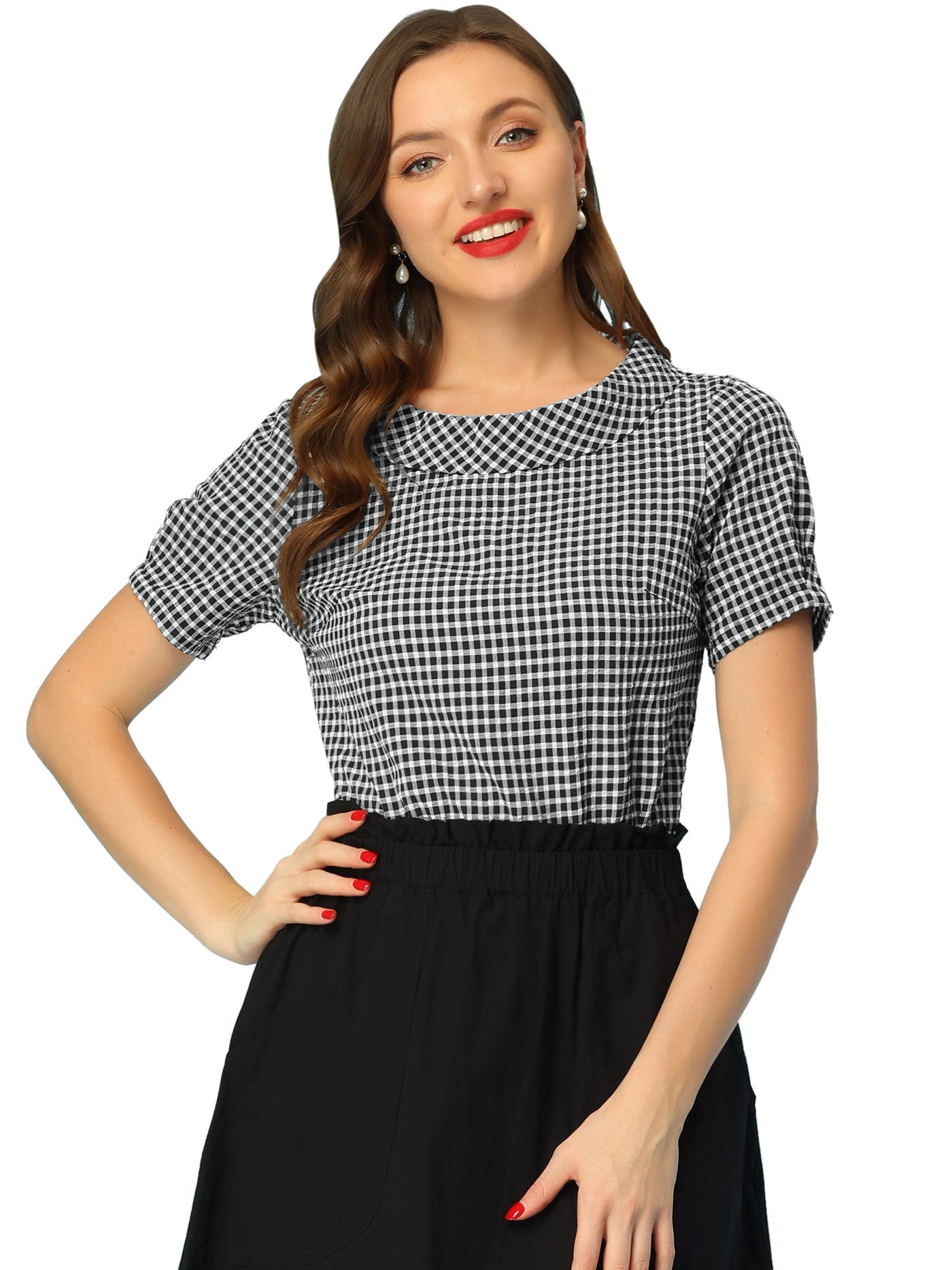 Allegra K 1950s Round Collar Short Sleeve Gingham Tops