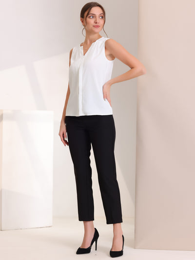 Sleeveless Work Top Pleated Chiffon V Neck Blouse