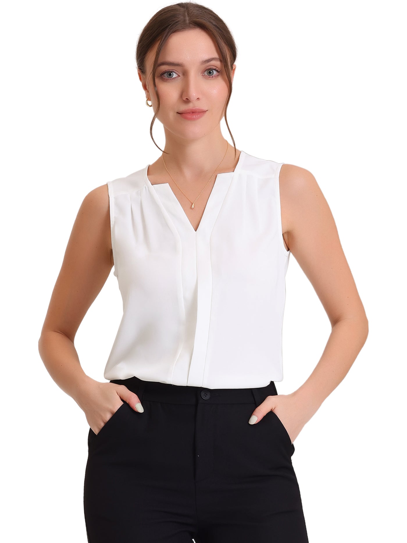 Allegra K Sleeveless Work Top Pleated Chiffon V Neck Blouse