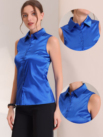 Satin Silky Button Down Shirt Formal Work Sleeveless Blouse