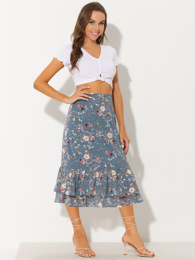 Printed Chiffon Elastic Waist Ruffle Tiered Flowy Midi Skirt