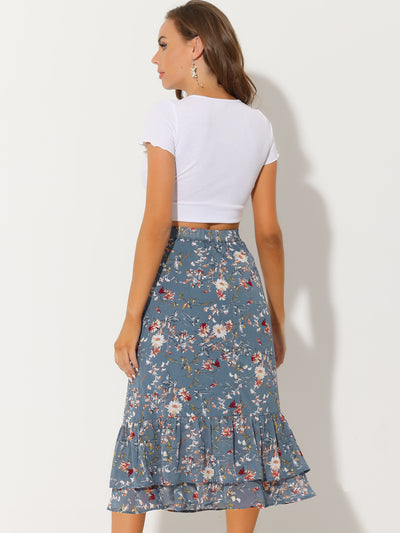 Printed Chiffon Elastic Waist Ruffle Tiered Flowy Midi Skirt