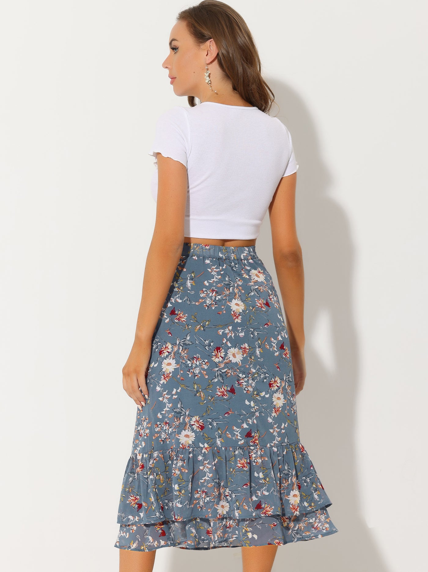 Allegra K Printed Chiffon Elastic Waist Ruffle Tiered Flowy Midi Skirt