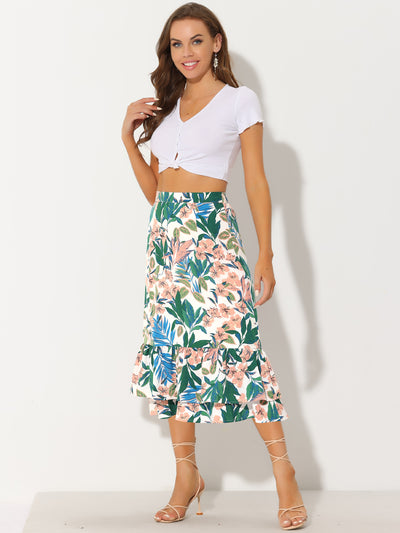 Printed Chiffon Elastic Waist Ruffle Tiered Flowy Midi Skirt