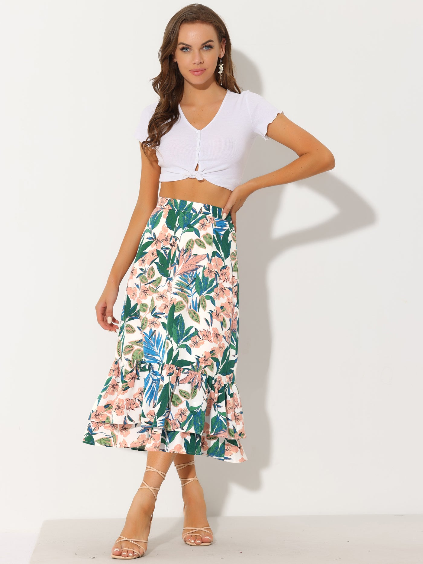 Allegra K Printed Chiffon Elastic Waist Ruffle Tiered Flowy Midi Skirt