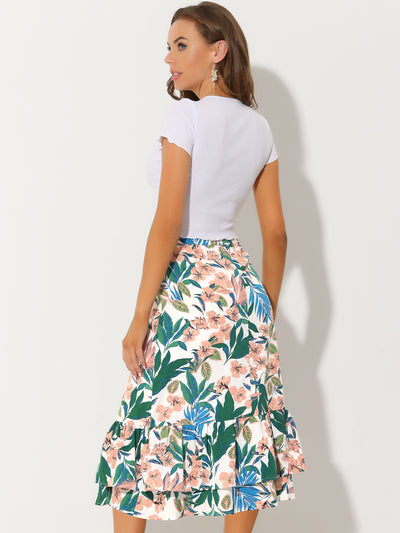 Printed Chiffon Elastic Waist Ruffle Tiered Flowy Midi Skirt