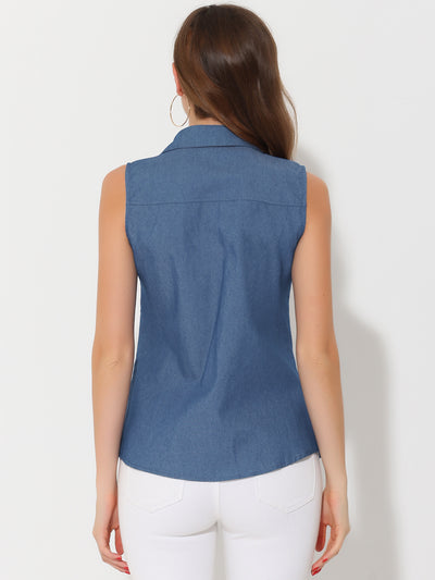 Denim Button Down Sleeveless Lapel V Neck Chambray Tunic Top