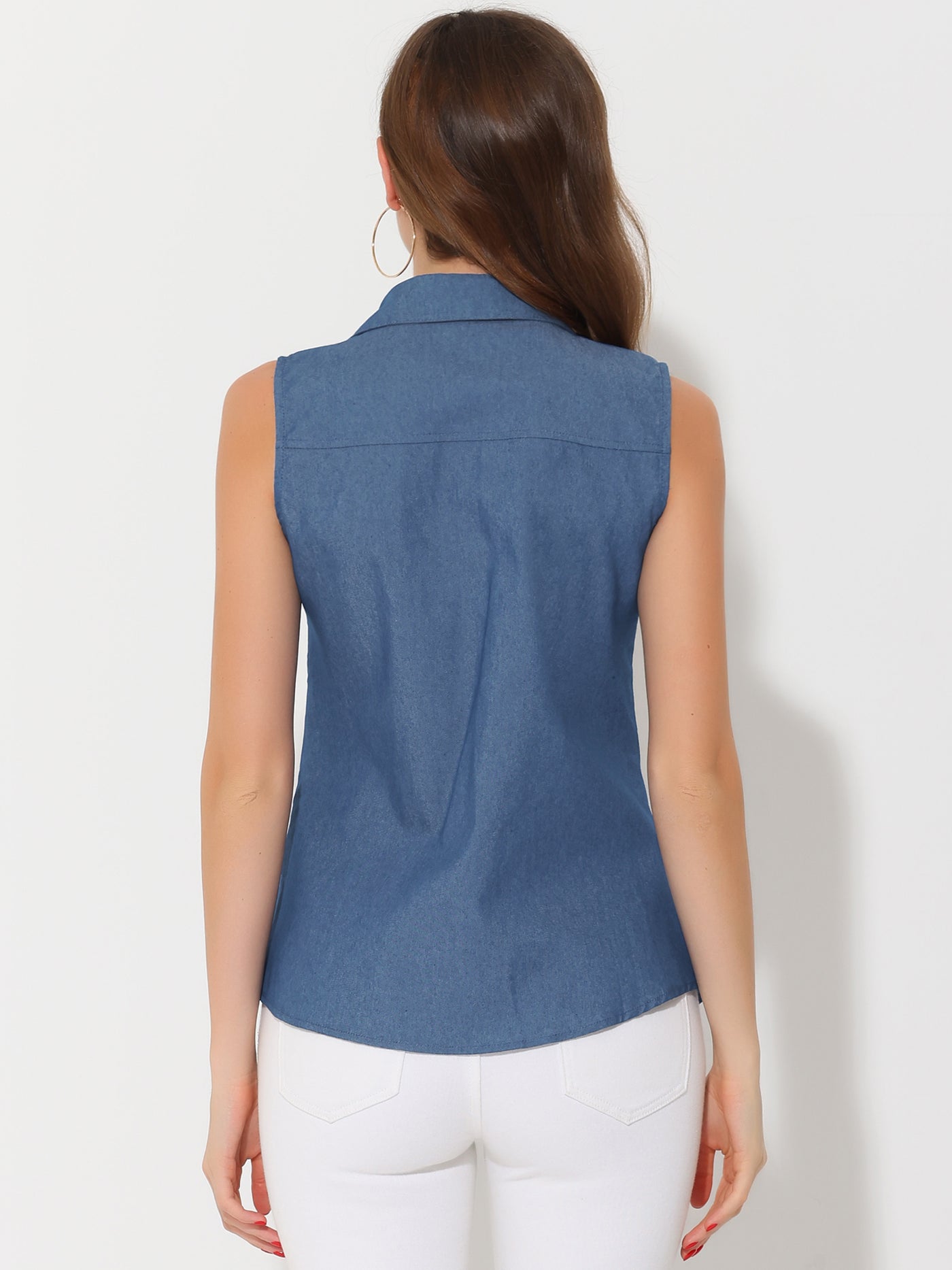 Allegra K Denim Button Down Sleeveless Lapel V Neck Chambray Tunic Top