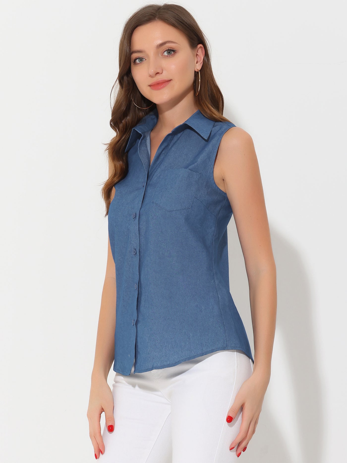 Allegra K Denim Button Down Sleeveless Lapel V Neck Chambray Tunic Top