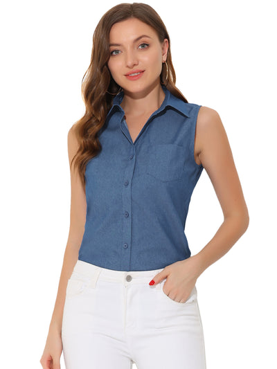 Denim Button Down Sleeveless Lapel V Neck Chambray Tunic Top