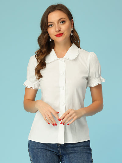 Allegra K Doll Collar Tops Short Sleeve Button Down Shirt