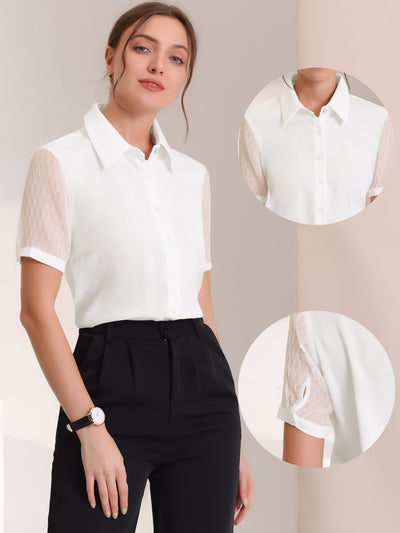 Button Down Shirt Sheer Short Sleeve Point Collar Work Tops