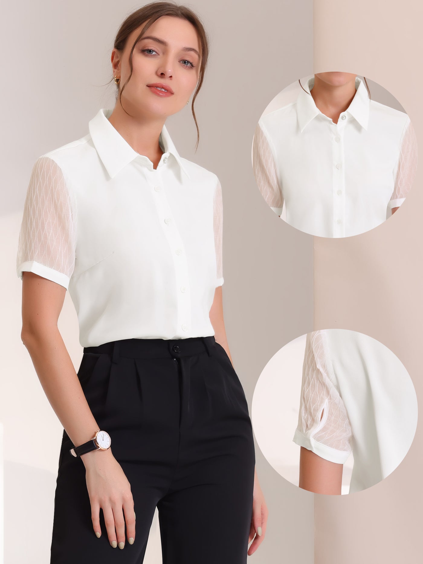 Allegra K Button Down Shirt Sheer Short Sleeve Point Collar Work Tops