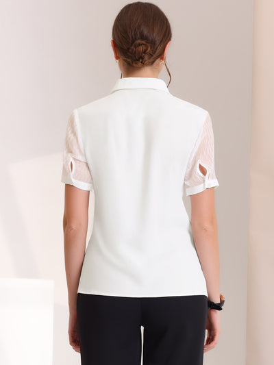 Button Down Shirt Sheer Short Sleeve Point Collar Work Tops