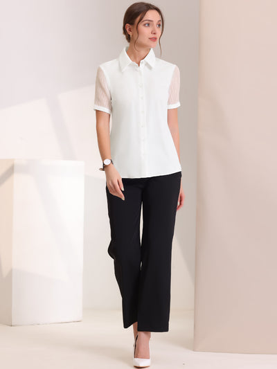 Button Down Shirt Sheer Short Sleeve Point Collar Work Tops