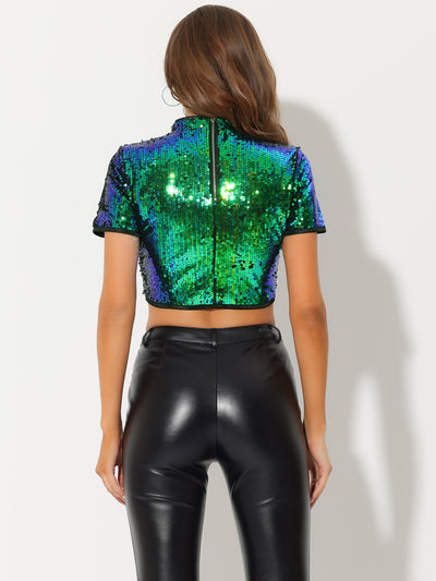Sequin Sparkle Glitter Short Sleeve Shinning T Shirt Club Blouse