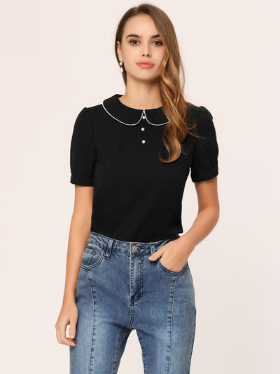 Peter Pan Collar Contrast Trim Puff Sleeve Blouse