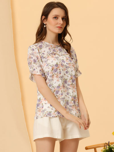 Chiffon Short Sleeve Ruffled Trim Floral Blouse Top