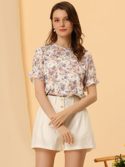 Chiffon Short Sleeve Ruffled Trim Floral Blouse Top