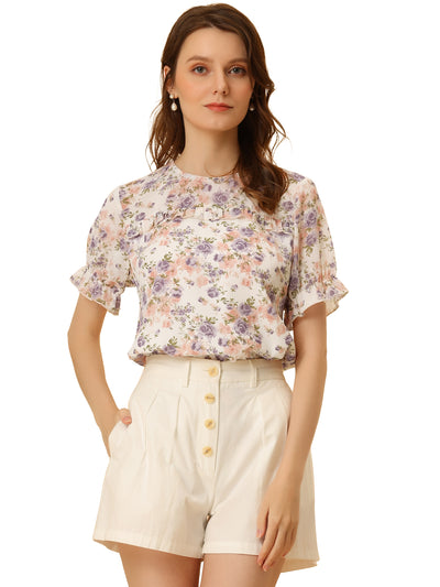 Chiffon Short Sleeve Ruffled Trim Floral Blouse Top