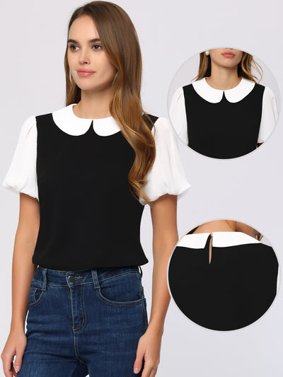 Peter Pan Collar Blouse Contrast Puff Short Sleeve Summer Top