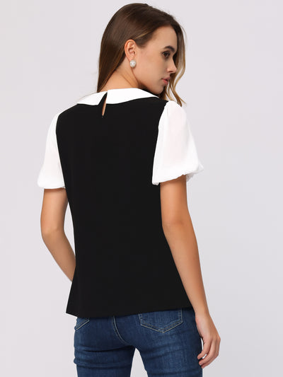 Peter Pan Collar Blouse Contrast Puff Short Sleeve Summer Top