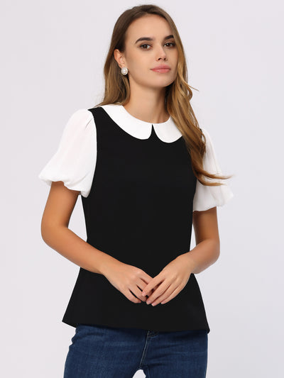 Peter Pan Collar Blouse Contrast Puff Short Sleeve Summer Top