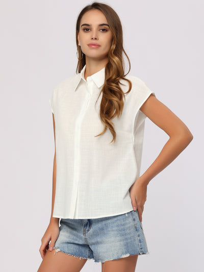 Allegra K Casual Linen Button Down Cap Sleeve Cotton Collar Blouse