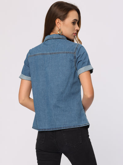 Button Up Collared Short Sleeve Pocket Classic Denim Shirt