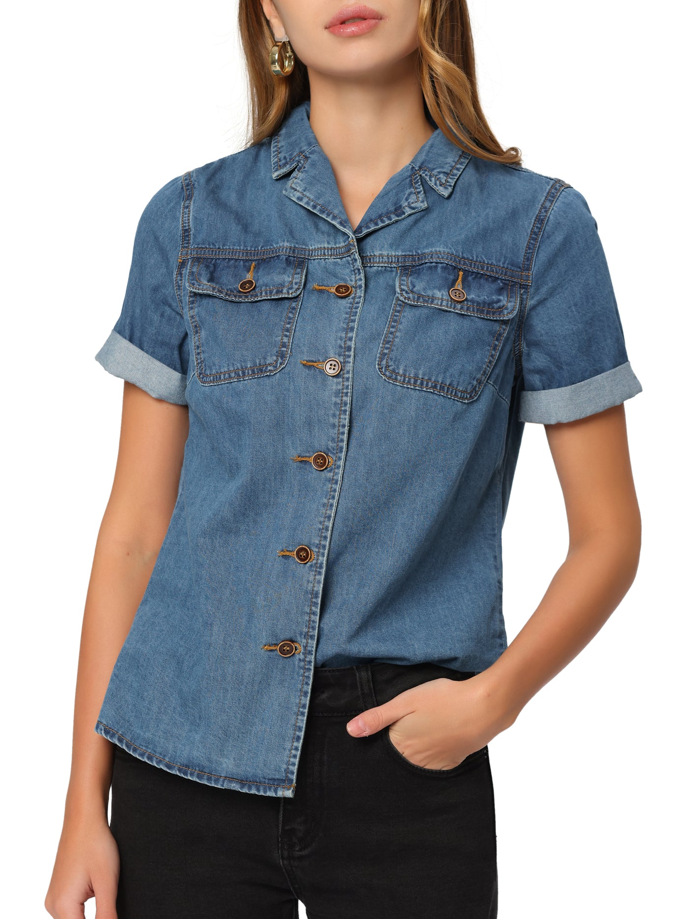 Allegra K Button Up Collared Short Sleeve Pocket Classic Denim Shirt