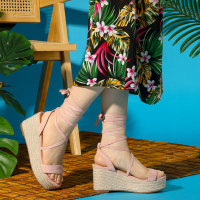 Women's Lace Up Wedge Heel Slingback Platform Strappy Sandals
