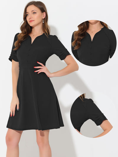 Elegant Short Puff Sleeve V Neck A-Line Zipper Side Office Dress