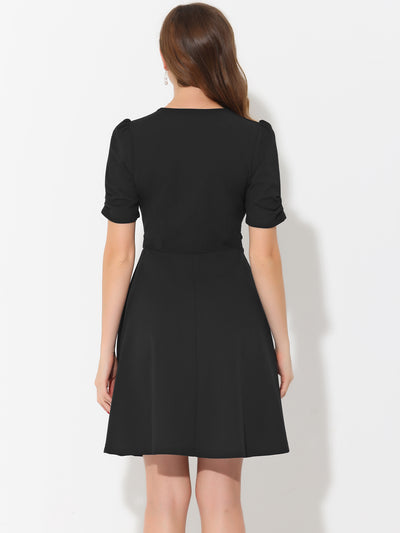 Elegant Short Puff Sleeve V Neck A-Line Zipper Side Office Dress