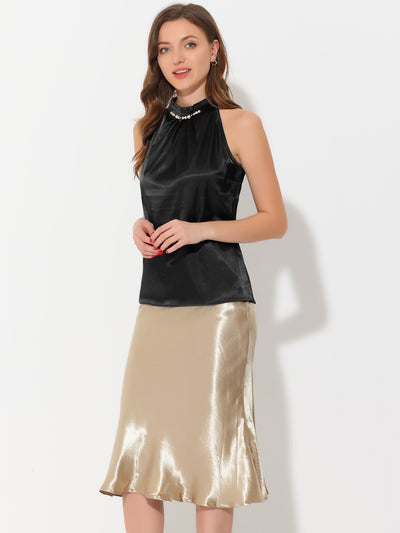 Summer Pleated Mock Neck Sleeveless Halter Tank Satin