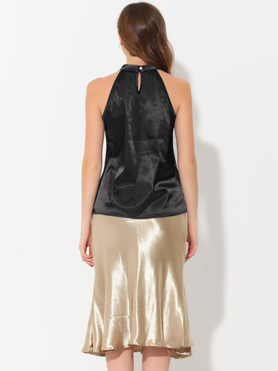 Summer Pleated Mock Neck Sleeveless Halter Tank Satin