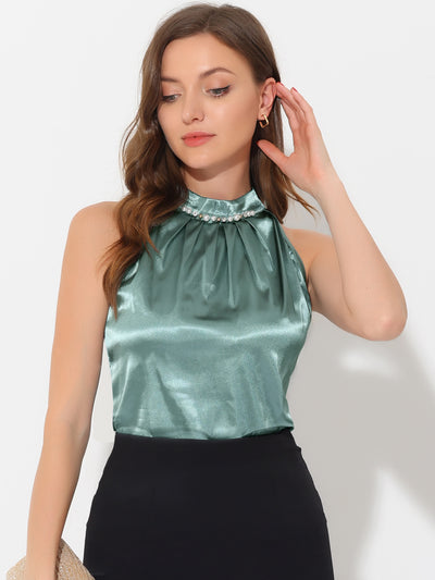 Summer Pleated Mock Neck Sleeveless Halter Tank Satin