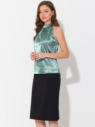 Summer Pleated Mock Neck Sleeveless Halter Tank Satin