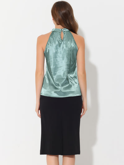 Summer Pleated Mock Neck Sleeveless Halter Tank Satin