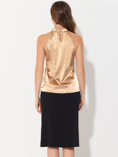 Summer Pleated Mock Neck Sleeveless Halter Tank Satin