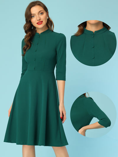 Retro 3/4 Sleeve Stand Collar Office Work Elegant A-Line Dress