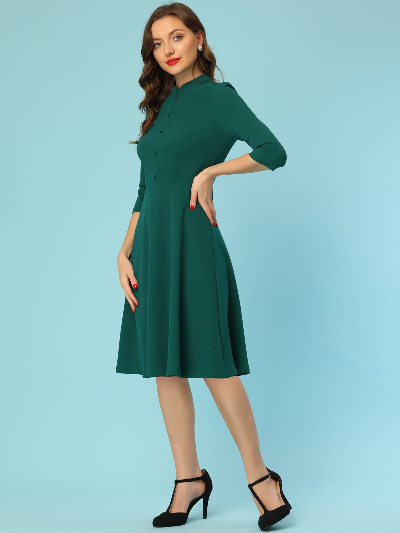 Allegra K Retro 3/4 Sleeve Stand Collar Office Work Elegant A-Line Dress