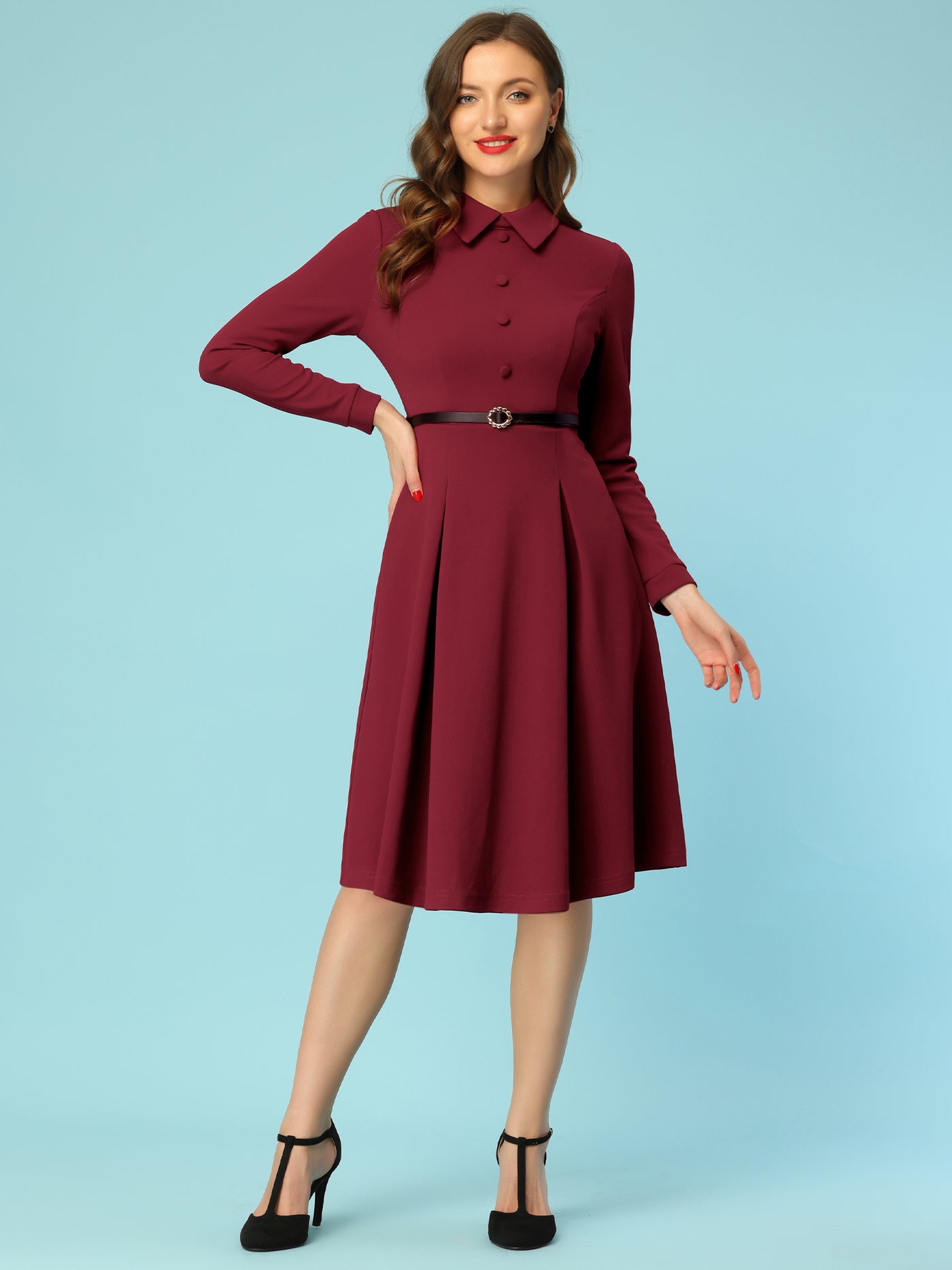 Allegra K Elegant Long Sleeve Button Decor Belted Fit and Flare Dress