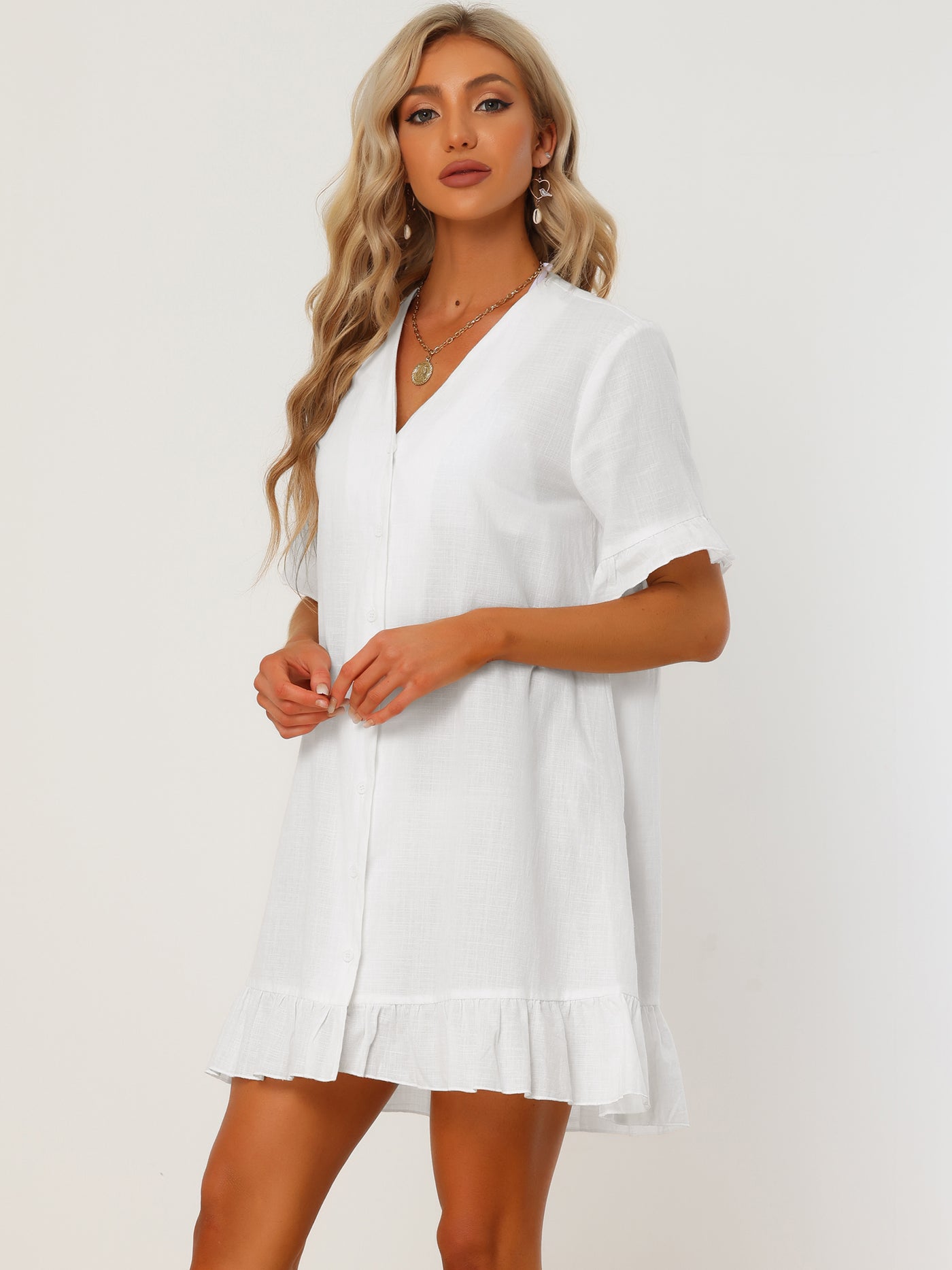 Allegra K Summer Swimwear Beach Button Front Shirt Dress Ruffle Hem Cover Up