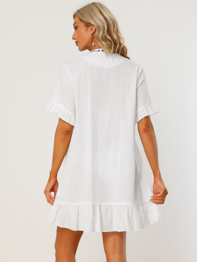 Summer Swimwear Beach Button Front Shirt Dress Ruffle Hem Cover Up