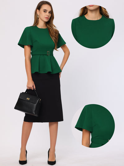 Peplum Round Neck Bell Sleeve Belted Waist Office Blouse