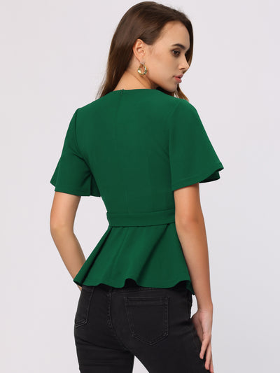 Peplum Round Neck Bell Sleeve Belted Waist Office Blouse