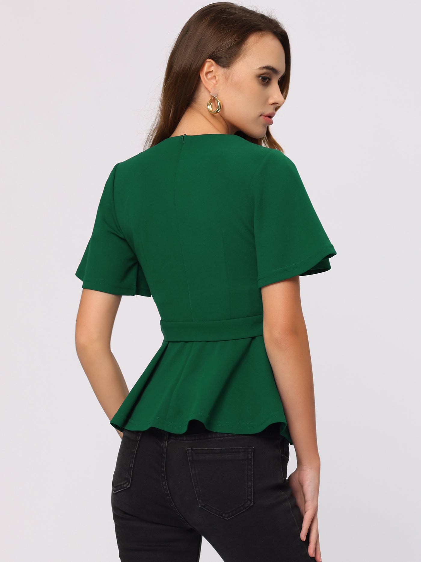 Allegra K Peplum Round Neck Bell Sleeve Belted Waist Office Blouse