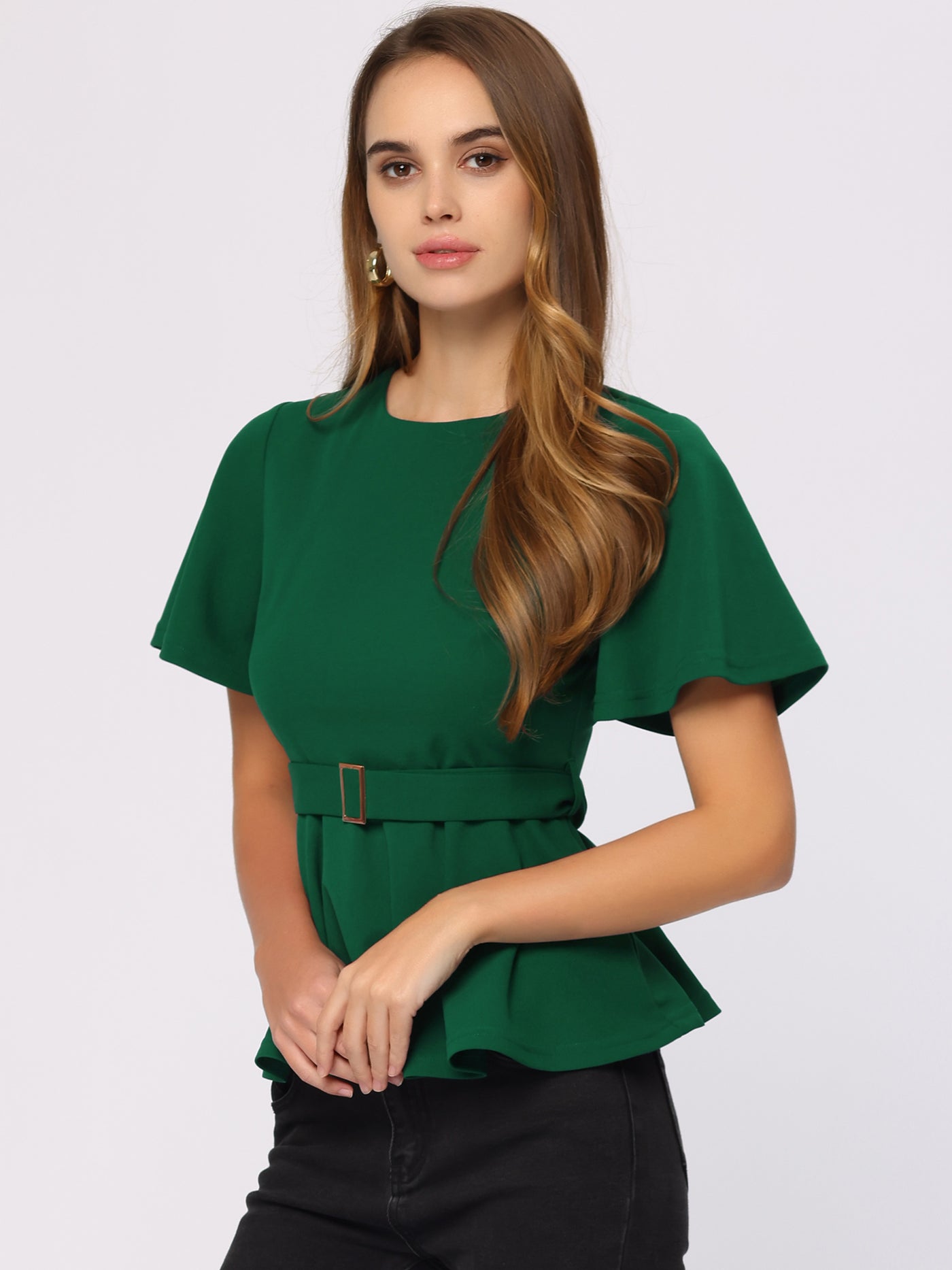 Allegra K Peplum Round Neck Bell Sleeve Belted Waist Office Blouse